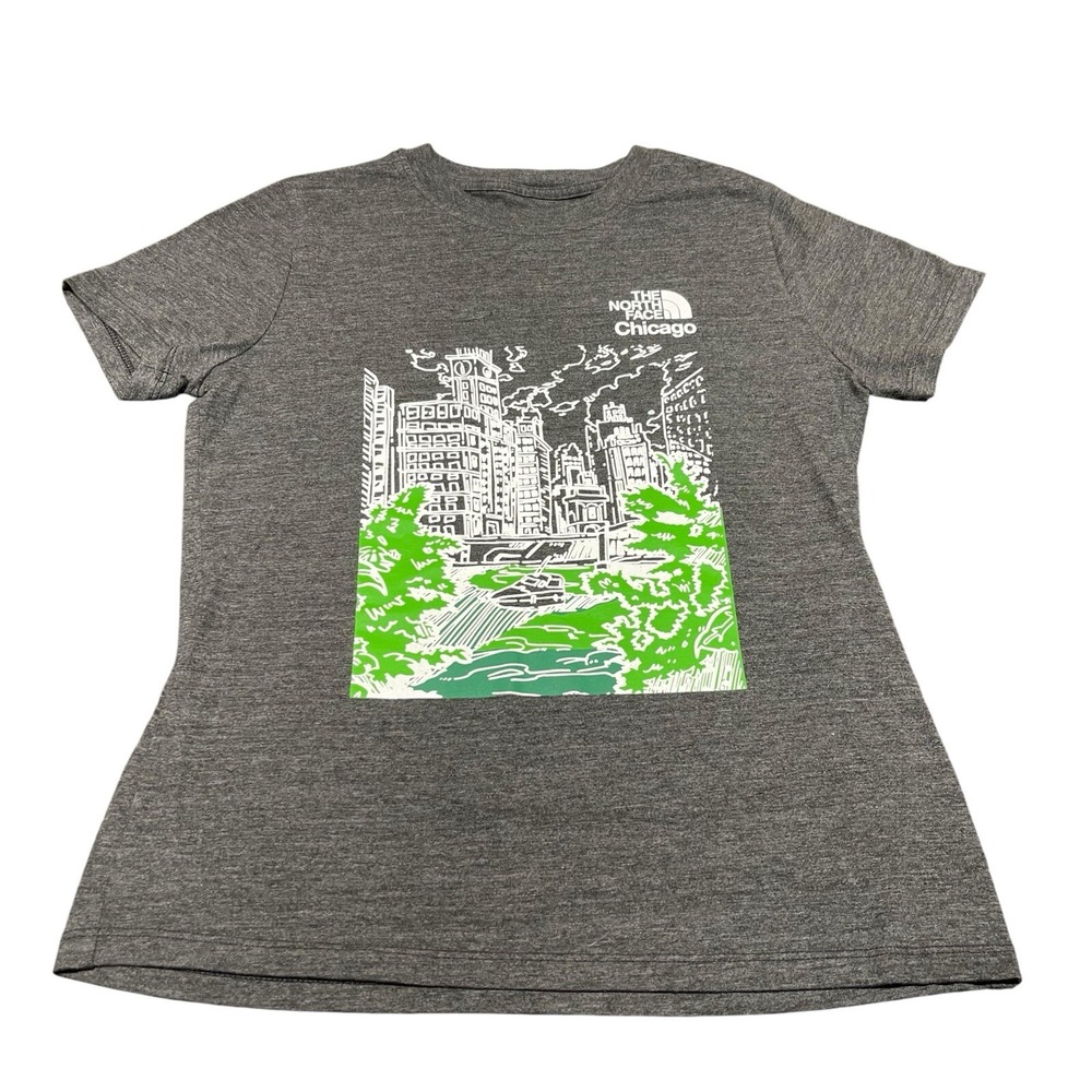The North Face Womens Gray CHICAGO Green White Graphic Print TShirt Sz Med EUC